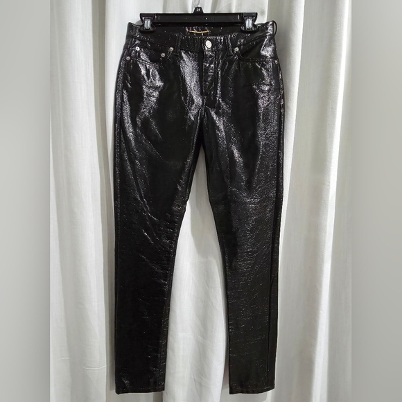 SAINT LAURENT Runway Black Vinyl High Waist Slim Shiny Skinny‎ Pants 28